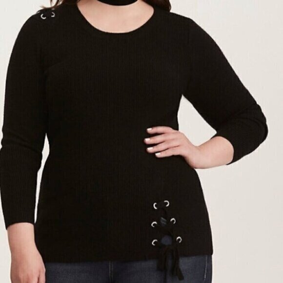 TORRID 3 Plus Size Grommet Lace Up Detailed Sweater Solid Black Ribbed Pullover - Picture 1 of 15
